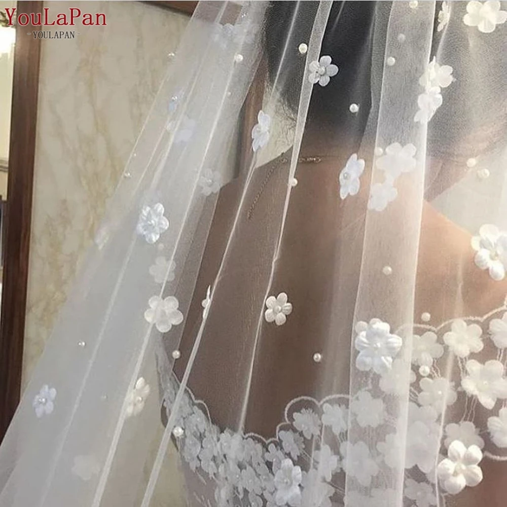 YouLaPan V83 Luxury Bridal Veil Pearl with Flowers Wedding Veil Long with Comb 1 Tier Bride Veil Short Flower Chiffon Veil