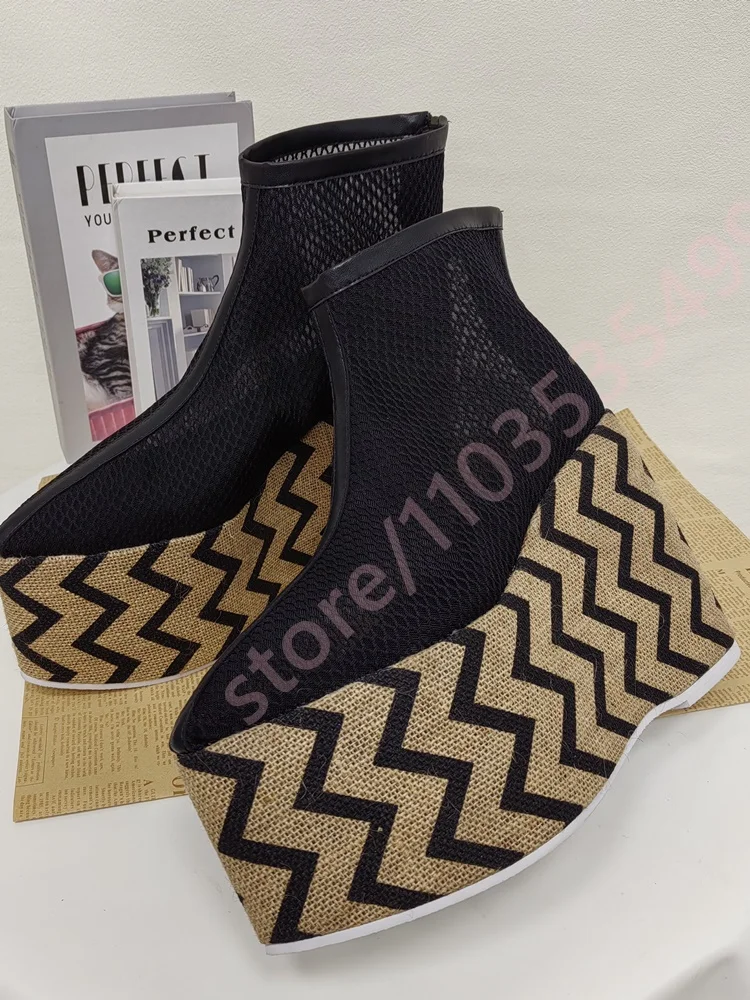 

Женские черные сетчатые ботильоны на платформе, лето 2026, новинка, с принтом «шеврон», на очень высоком танкетке, дышащие, летние готические ботинки