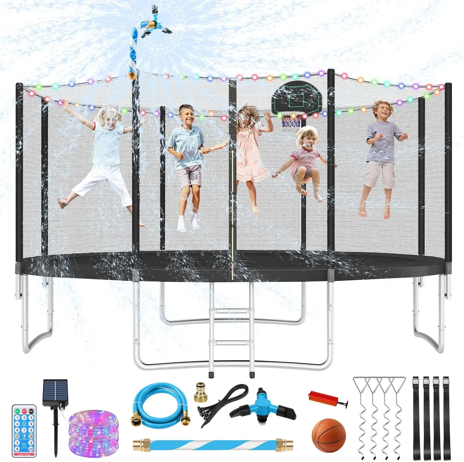 

Trampoline Outdoor, Large Kids Trampoline with Light, Stakes, Sprinkler, Backyard Trampoline with Bask