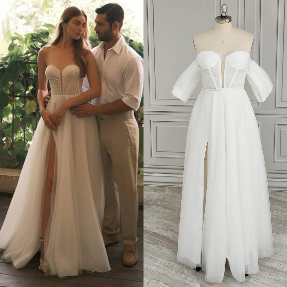 20206 #   Personalizado fora do ombro plissado tule a linha vestido de casamento para noiva 2024 elegante vestido de noiva feminino com fenda alta