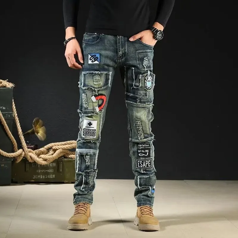 Men’s slimming blue denim pants high quality badge embroidery patchwork decors jeans street fashion casual jeans pants men