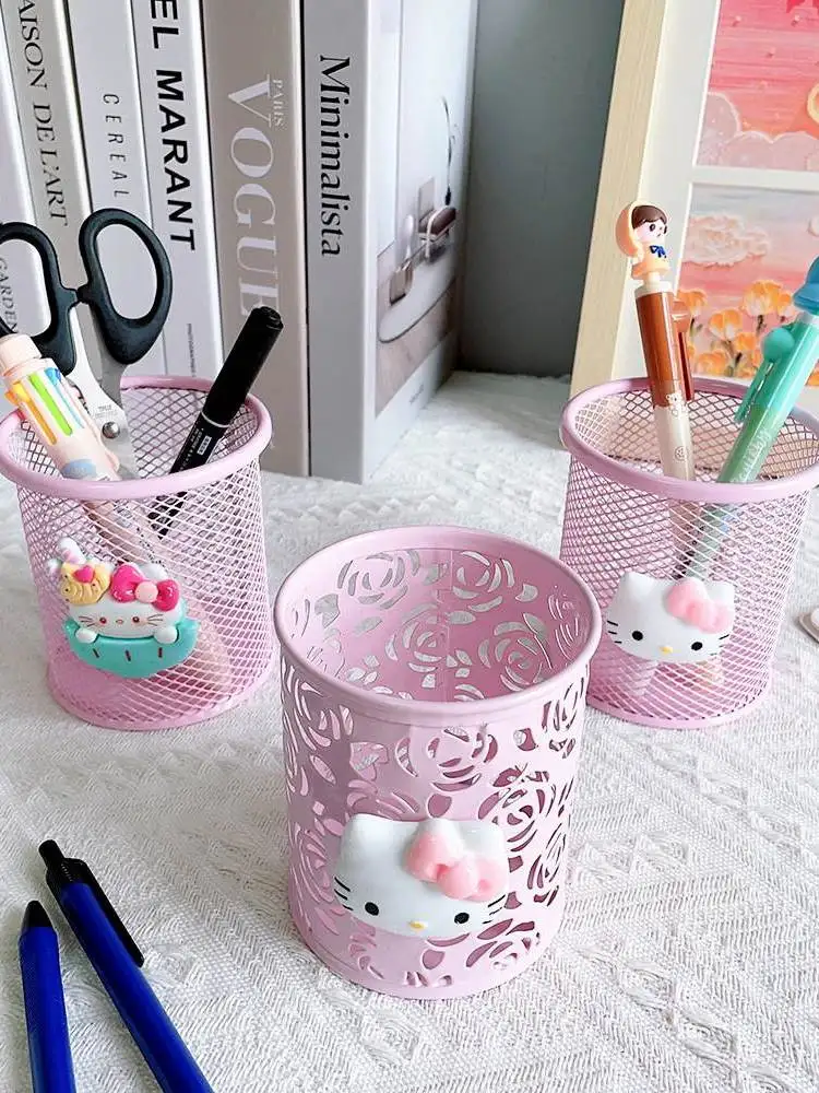 クリエイティブかわいい漫画メタルメッシュペンホルダーピンクデスクトップ収納バケツ文具化粧ブラシオーガナイザーボックス寝室収納
