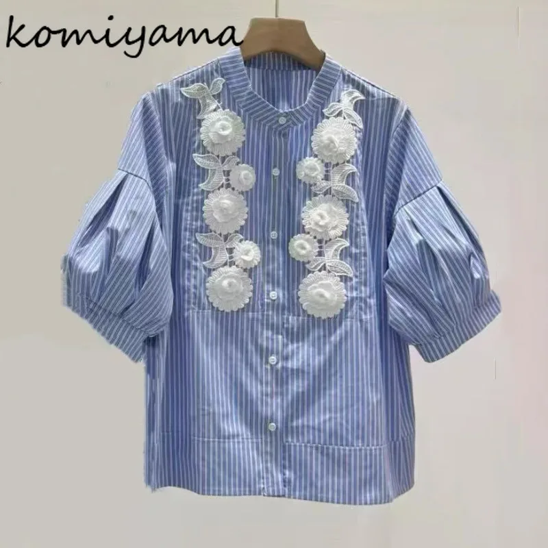 

Japan 3d Floral Woman 2025 Shirts & Blouses Loose Casual Blusas Mujer O-neck Bubble Sleeve Clothing Ropa De Mujer Camisas