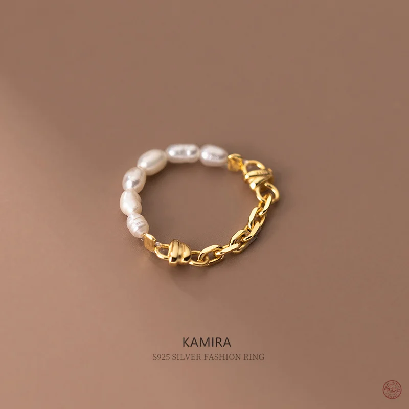 

KAMIRA 925 Sterling Silver Fashion Unique Natural Baroque Pearl Finger Ring for Women Party Link Chain Retro Jewelry Accessories