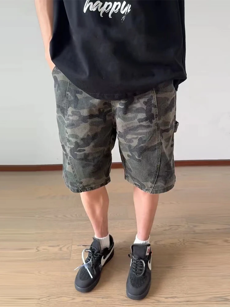 

American Retro Camouflage Shorts Men's Summer Thin Woodcutter Denim High Waist Knee-Length Deconstructed Five-Point Pants