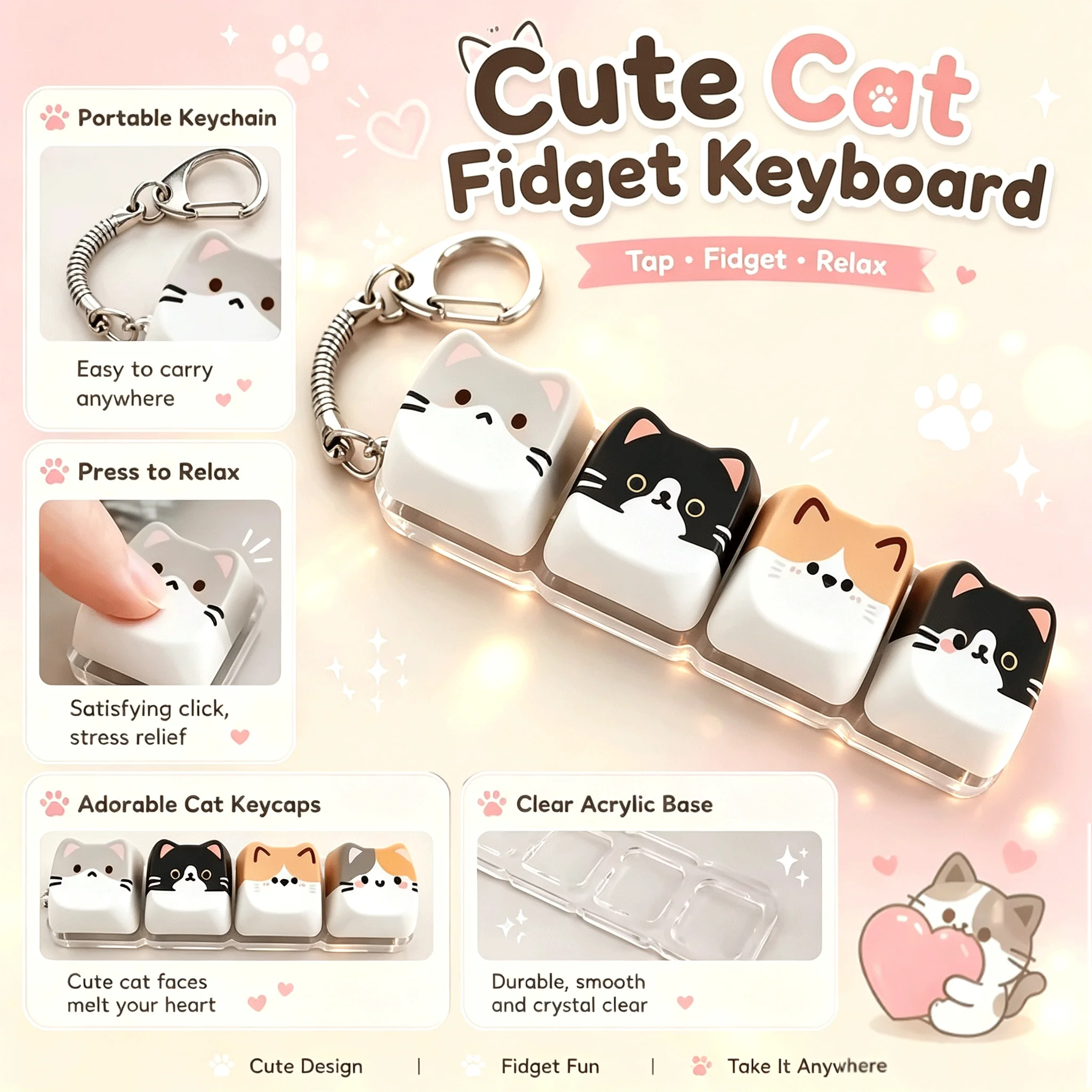 Cute Cat KeyChain Pendant Relax Button Keycap Kawaii Cat 4-Key Clicker Keyboard Stress Relief Fidget Toy Backpack Decor Gifts