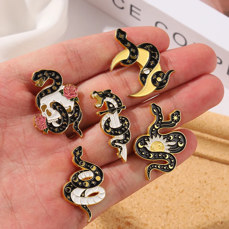 5Style Snake Enamel Pins Sun Flowers Moon  Brooch Lapel Badge Bag Cartoon Gothic Jewelry Gift for Kid Friend