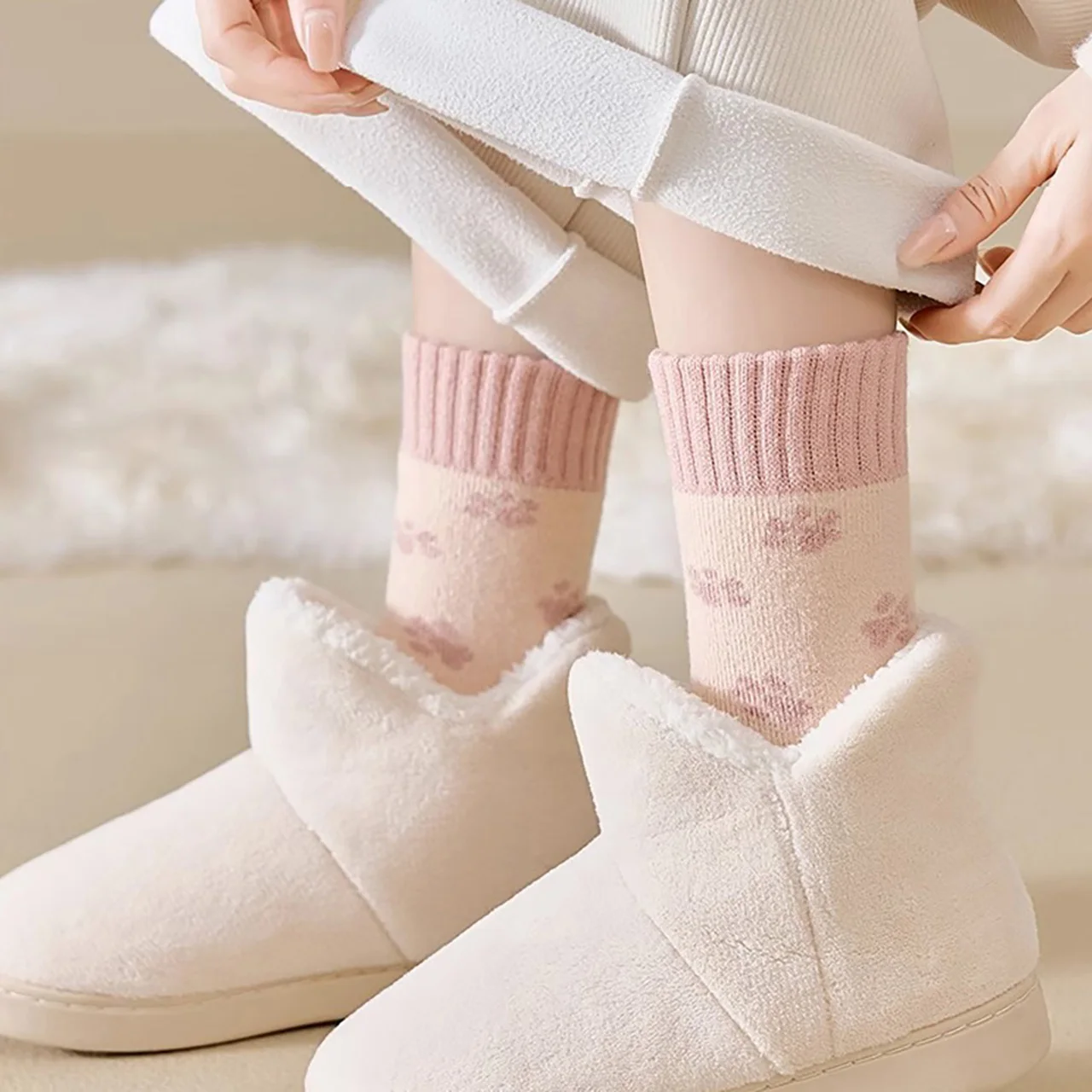 Winter Thicken Fleece-lined Plush Socks for Women Terry Long Sock Cold-resistant Warm Mid-calf Socks Pink Girl Thermal Footwear
