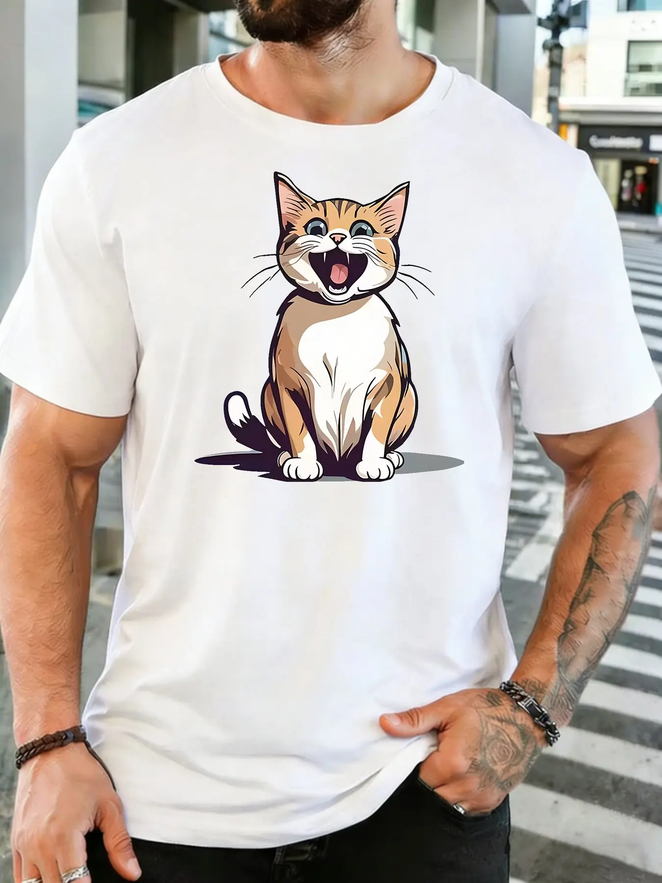 Loud Meowing Tabby Cat Cartoon Graphic Mens Crew Neck Short Sleeve Cotton T Shirt Cute Pet Animal Print Male Street Casual Top