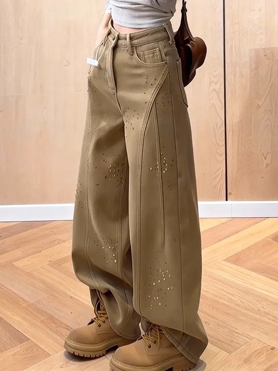 

Retro Thiened Fce Lined Casual Khaki Wide Leg Pants Spring 2026 High Waist Straight Cut Diamond Embellied Trousers
