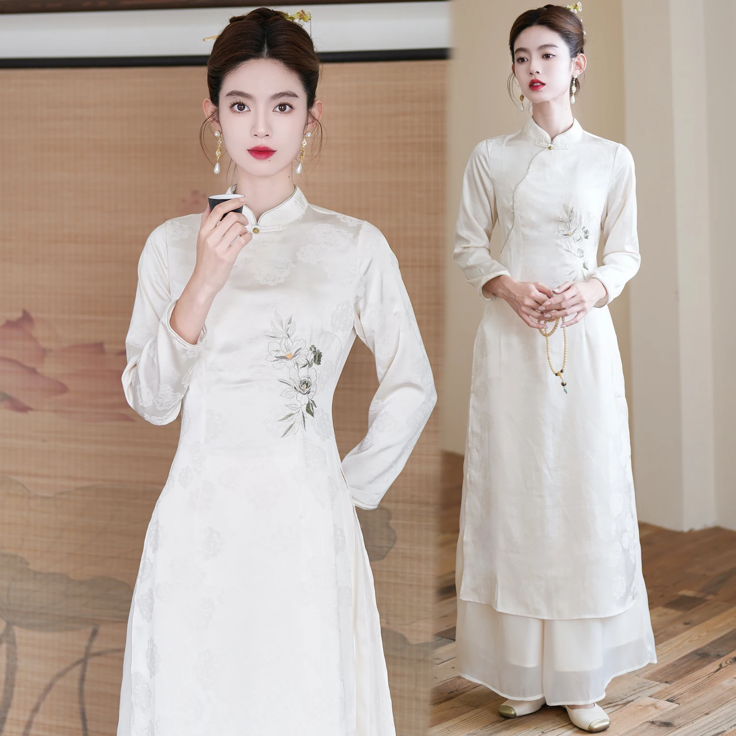 

Новый китайский традиционный костюм с вышивкой и воротником-стойкой, комплект из двух предметов, женский, осенний 2026, модный, приталенный, традиционный наряд