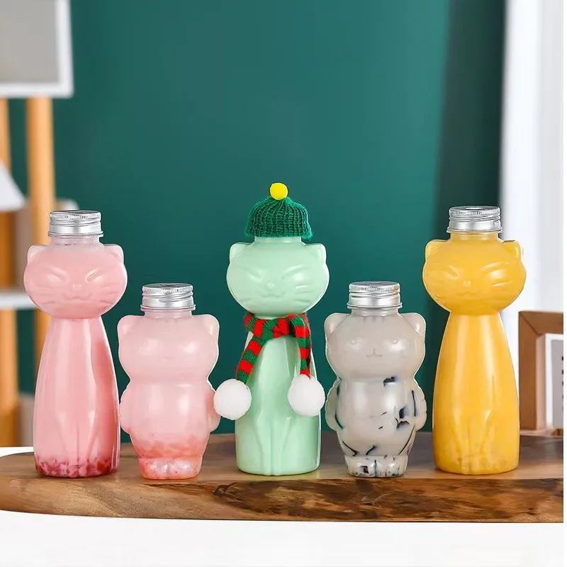 Diy Milk Tea Juice Bottles Beverage PET Water Bottle Cartoon Cat Drink Bottles  Disposable Takeaway Coffee Cup With Lids Decor