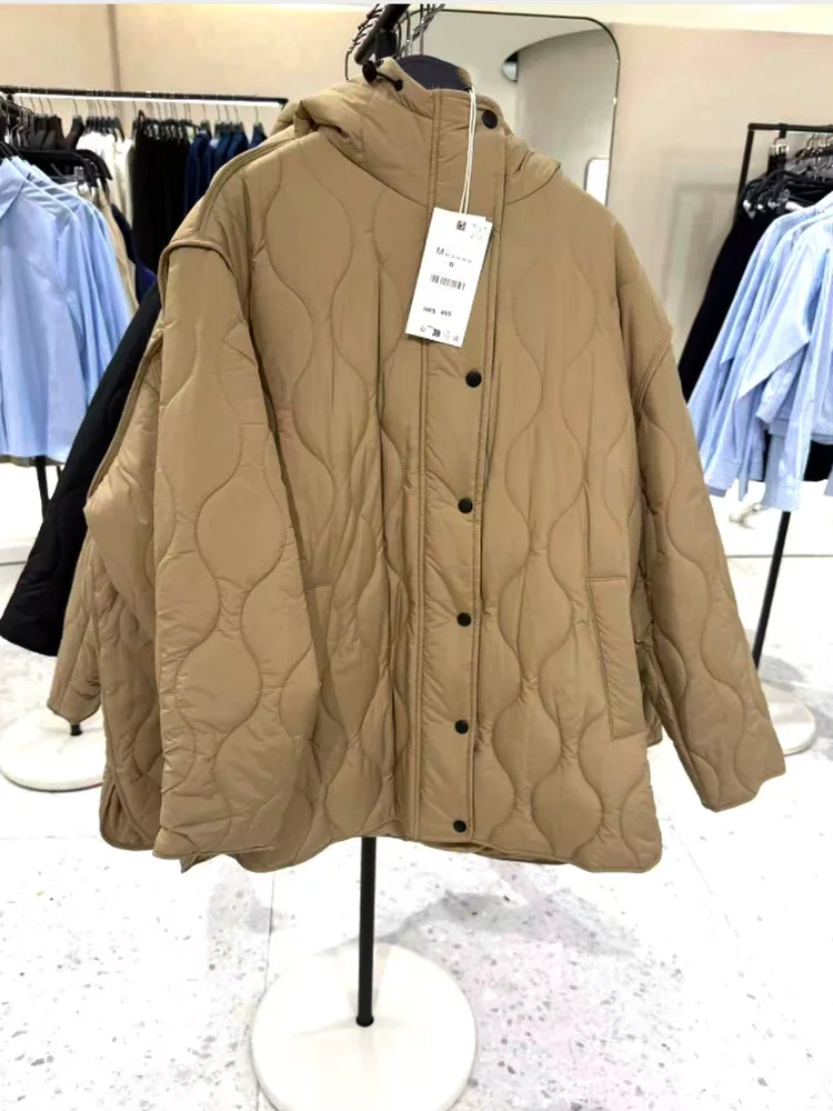 

Новинка 2025, осенняя универсальная воротник-стойка, водонепроницаемая хлопковая куртка с ромбовидным капюшоном, женская мода