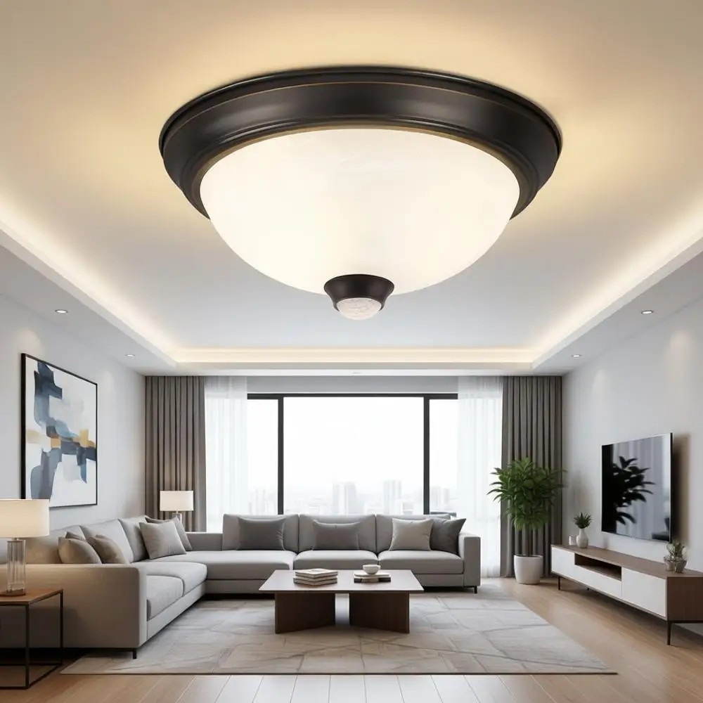 

Motion Sensor Outdoor Ceiling Light with Remote, Dusk to Dawn Mount Porch Light with 4 Modes, Close to Ceiling Fixture, 2 LED Bu