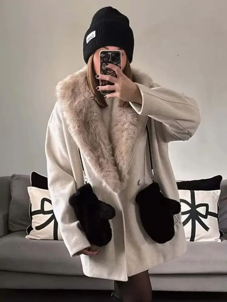 

HH женское зимнее новое модное мягкое тканевое двубортное пальто с воротником из искусственного меха, женская темпераментная повседневная теплая куртка Mujer