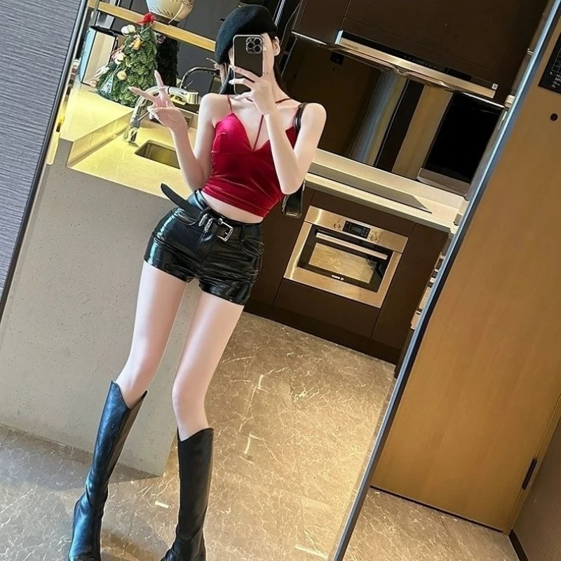 

Женские черные шорты из искусственной кожи в американском стиле Hot Girl, весна-лето, блестящие, с высокой талией, облегающие, повседневные ​