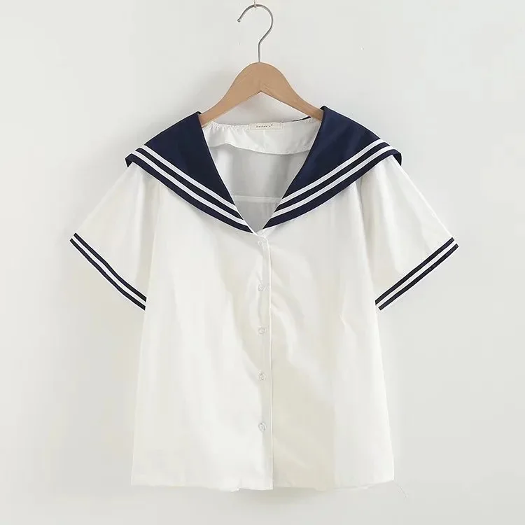 Mori girls summer Japan 100% cotton style sailor collar short sleeve white navy blue blouses school uniform plus size tops