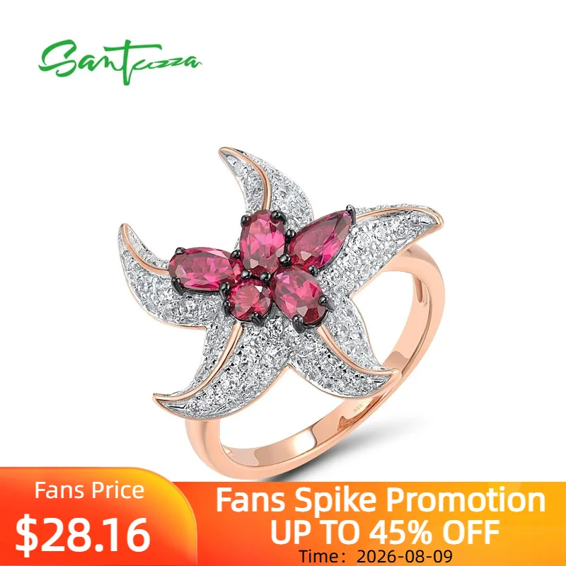 SANTUZZA Pure 925 Sterling Silver Rings For Women Sparkling White CZ Created Ruby Star Fish LuxuryOcean Cute Party Fine Jewelry