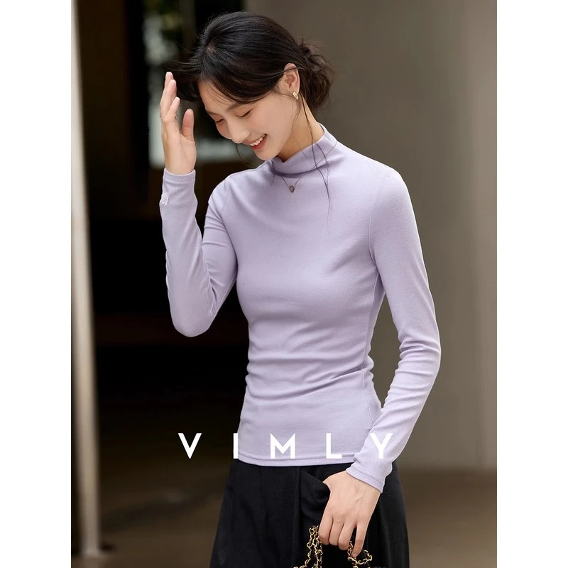 

VIMLY фиолетовые джемперы, женская трикотажная одежда, осень 2021, тонкие топы с длинными рукавами и вышитыми манжетами, свитера с воротником-стойкой, женские A2503