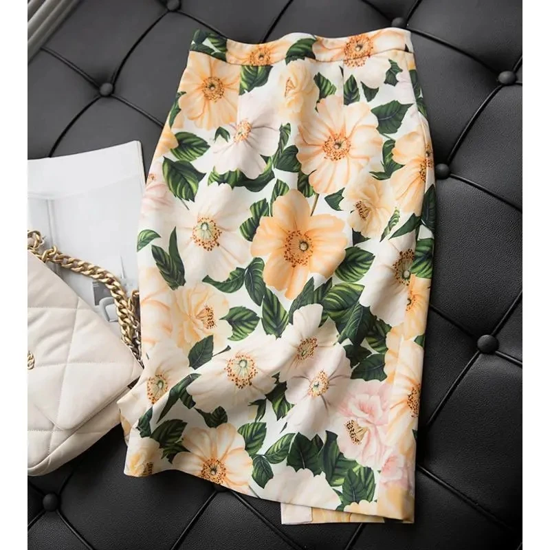 Skirt Women Clothing Spring Summer New Elastic waist A-line Bag Hip Slimming Skirt Vintage Printing Mid-length Faldas Mujer Moda