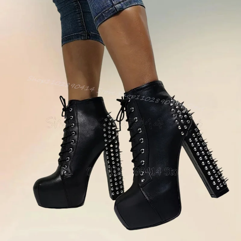 

Silver Spikes Decor Black Round Toe Platform Boots Cross Tied Women Shoes Chunky High Heels Sexy Party 2024 Zapatos Para Mujere