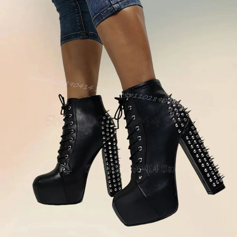 Silver Spikes Decor Black Round Toe Platform Boots Cross Tied Women Shoes Chunky High Heels Sexy Party 2024 Zapatos Para Mujere