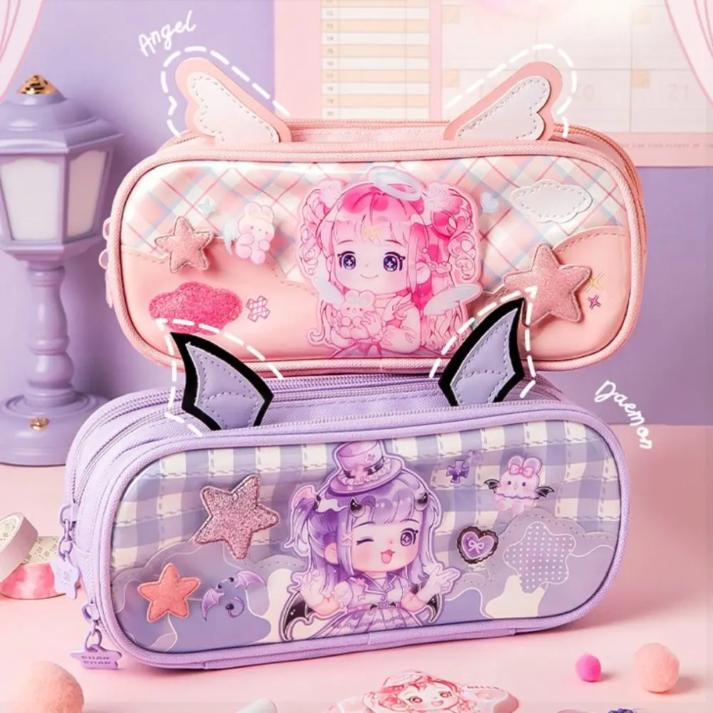 Large Capacity Angel Pencil Cases Waterproof Girl Rabbit Angel Pencil Bag Pink/Purple Three Layers Angel Pen Box Children Gifts