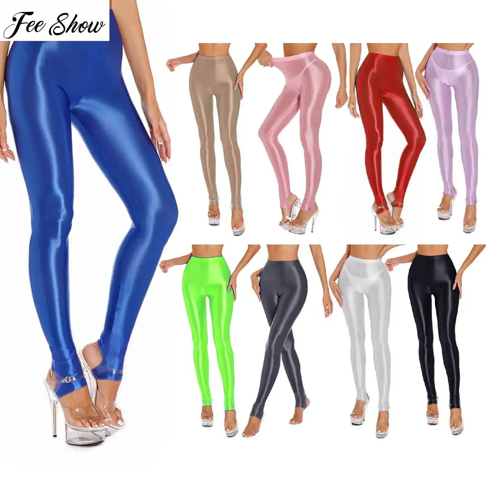 

Women Glossy Compression Long Leggings High Waist Elastic Waist Tights Gym Yoga Workout Pants Tummy Control Compression Pants