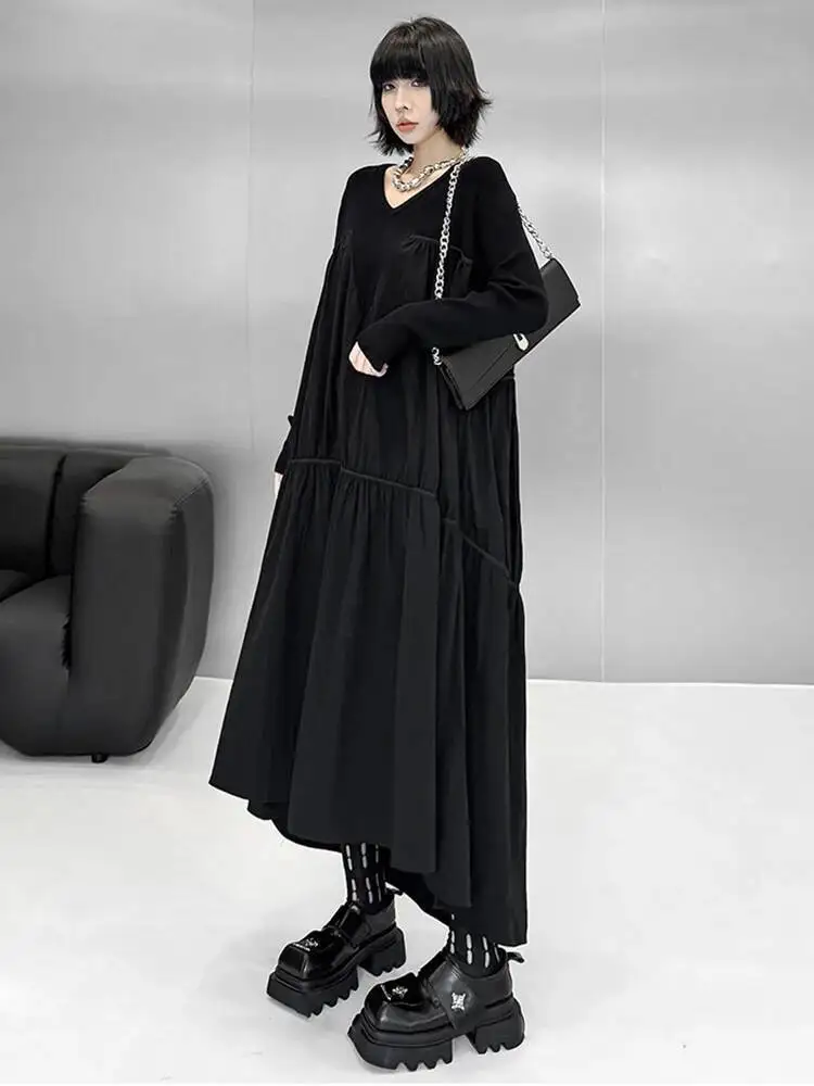 Feminino preto voltar longo irregular tamanho grande tricô vestido novo decote em v manga longa moda maré primavera outono