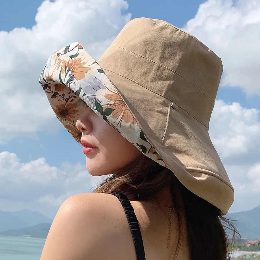 Summer Printed Reversible Fisherman's Hat Women Large Brim Sunscreen Shade Hat UV Sun Hat Soft 56-58cm