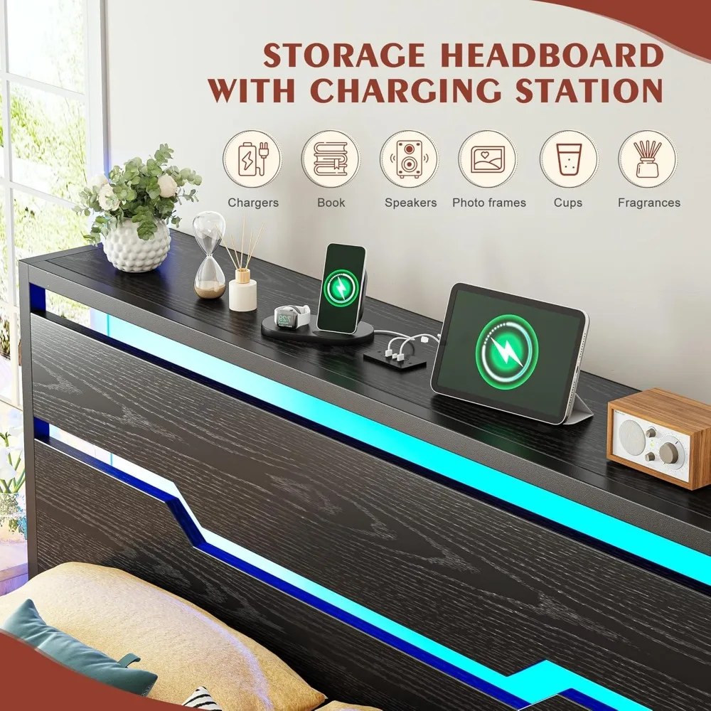 إطار سرير بحجم كينج مع مصابيح LED ومحطة شحن، وإطار سرير كينج ولوح رأسي، وتخزين تحت السرير 13، ودعم شرائح معدنية، لا