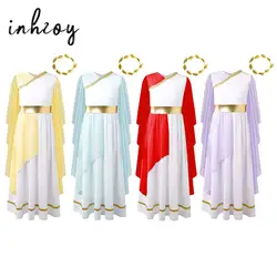 Girls Grecian Toga Costume Halloween Deity Roman Greek Robe Gown Sleeveless Flowy Tulle Dress Cosplay Party Performance Costume