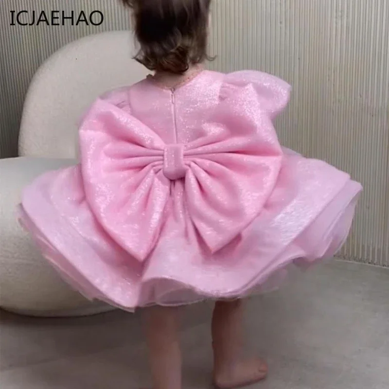 2025 Primo compleanno Festa Neonata Maniche a palloncino Abiti soffici Boutique con fiocco grande Abbigliamento elegante per outfit infantile