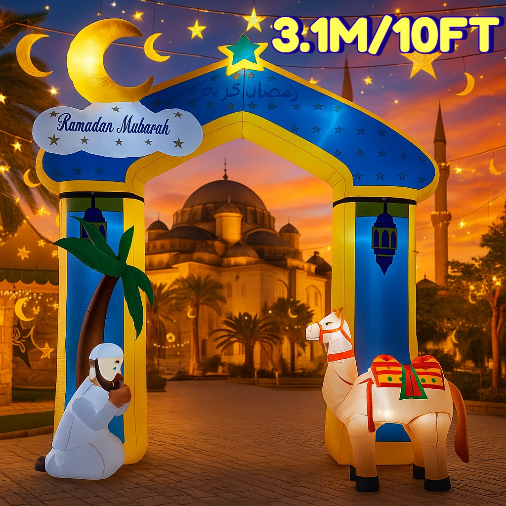 ซุ้มประตูเป่าลมตกแต่งเทศกาลอีดและรอมฎอนสำหรับชาวมุสลิม ขนาด 3.1 เมตร/10 ฟุต ของตกแต่งสวนแบบ DIY พร้อมไฟ LED ของขวัญสำหรับเทศกาล