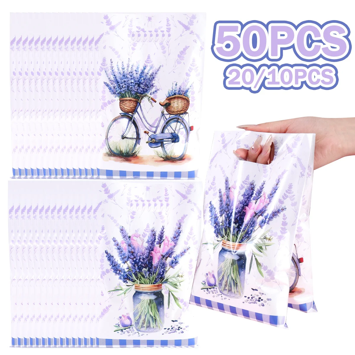 10/20/50 Stück Frühlings-Lavendelblüten Fahrrad-Geschenktüten Plastik-Kekstüten für 1. Geburtstag Hochzeit Party-Zubehör – Detail 7