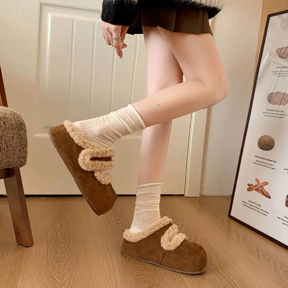 

Comfortable Round Head Suede Warm Slippers Soft Casual Coral Fleece Slippers Anti-slip Home Wear Retro Winter Shoes Indoor