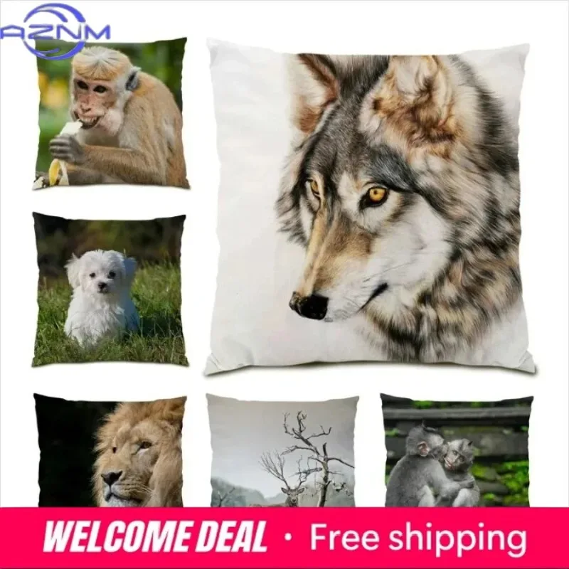 Wild Animal Monkey Lion Wolf Pattern Print Home Sofa Decorative Pillow Cover Office Luxury Cushion Cover