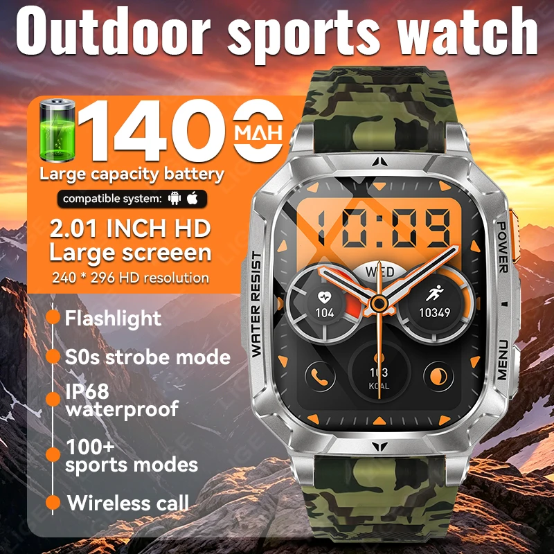

LIGE New Outdoor Smart Watches Military 1400 mAh Battery IP68 Waterproof Flashlight Health Monitor BT Call Men Sports Smartwatch