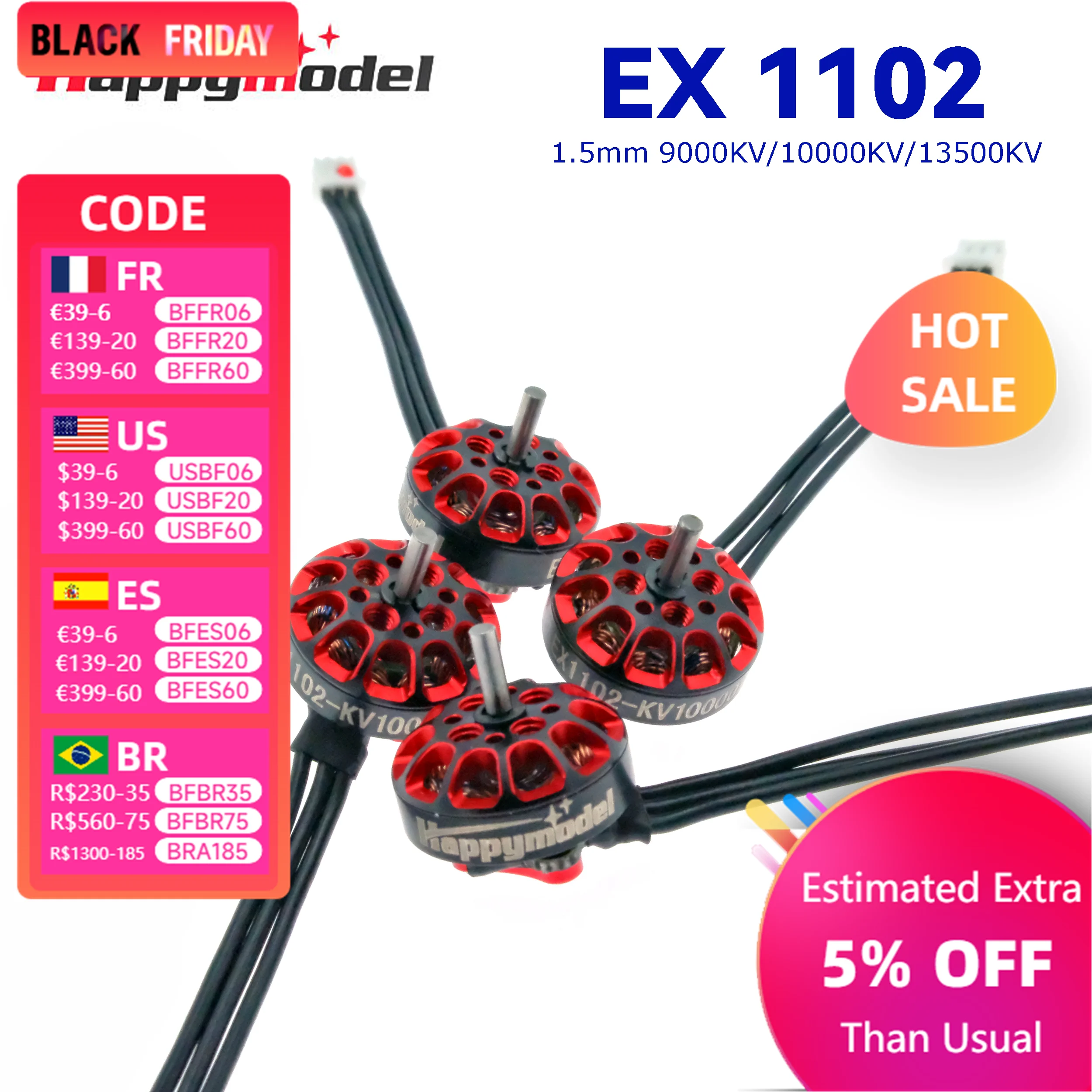 HappyModel EX1102 9000KV/10000KV/13500KV 1.5mm 2-3S FPV Brushless Motor For RC FPV 75mm 85mm Tinywhoop Drones Mobula8 Mobula7