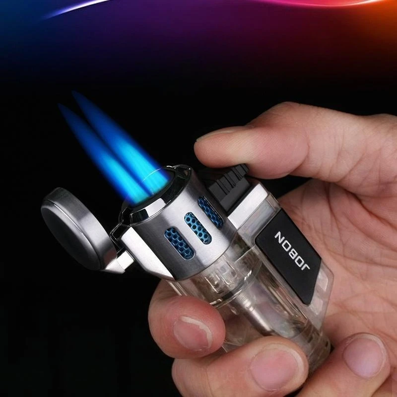 Jobon Windproof Blue Flame 3-Fire Cigar Lighter Fuel Visible Window Torch Lighter High-End Men's Smoking Accessory Gift