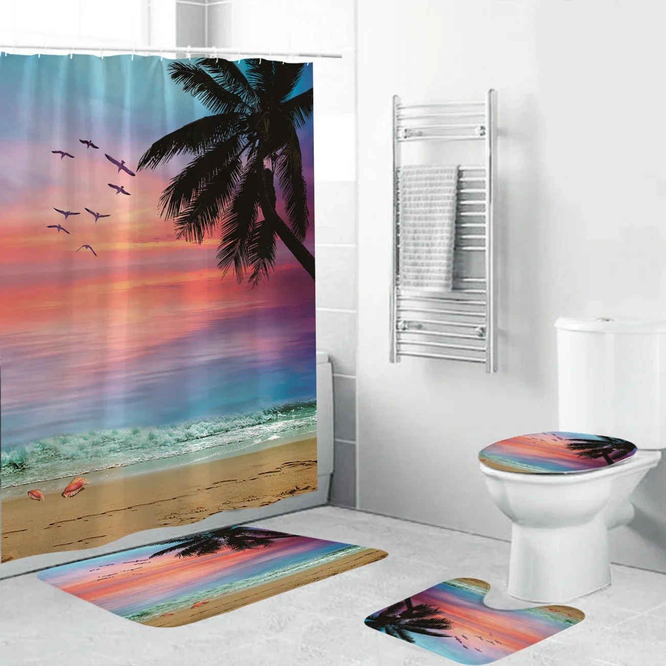 

Солнечная прибрежная пляжная ткань с принтом, набор занавесок для душа, набор занавесок для ванной комнаты, противоскользящие коврики, крышка унитаза, коврик для ванной, набор для ванны