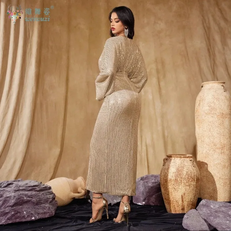 خريف جديد الترتر حبة مطرزة فستان سهرة بأكمام طويلة مثير الخامس الرقبة سليم صالح حقيبة الورك شق مناسبة رسمية مساء اللباس