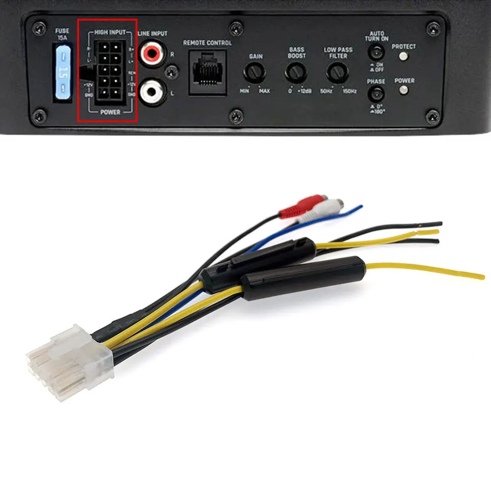 Adaptador de Corriente para Amplificador de Auto con Enchufe de 10 Pines, Fusible y Conector RCA para Subwoofer, Compatible con Rockville SS8P y JBL BassPro Nano SW68A-S