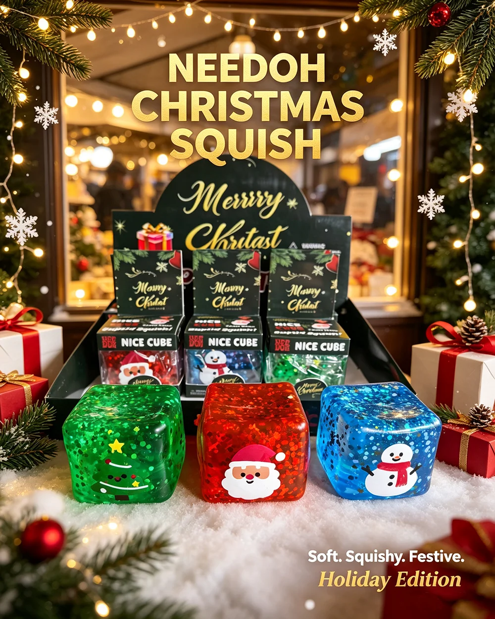 Needoh Squeeze Fidget Slow Rising Soft Touch Sensory Stress Relief Christmas Theme Cube for Office Home Decoration Squishy Toys