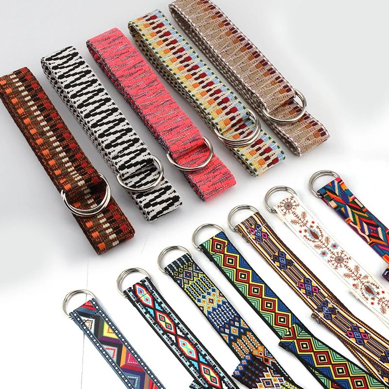 Women Men Versatile Casual Ethnic Style Double Ring Buckle Waistband Weave Waist Band Canvas Strap Nylon Braided Belt