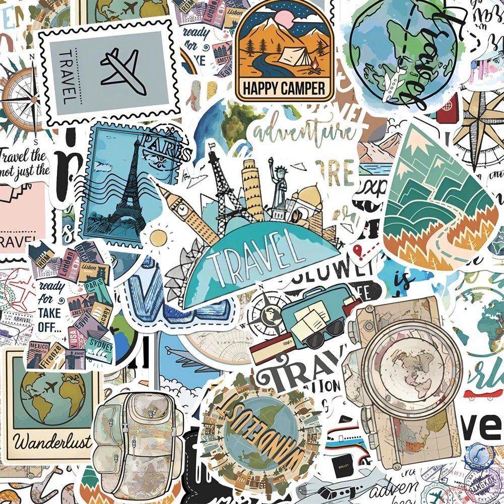 50Pcs Cute Travel Stickers Holiday Vacation DIY Stickers Scrapbooking Phone Luggage Skateboard Waterproof Decals
