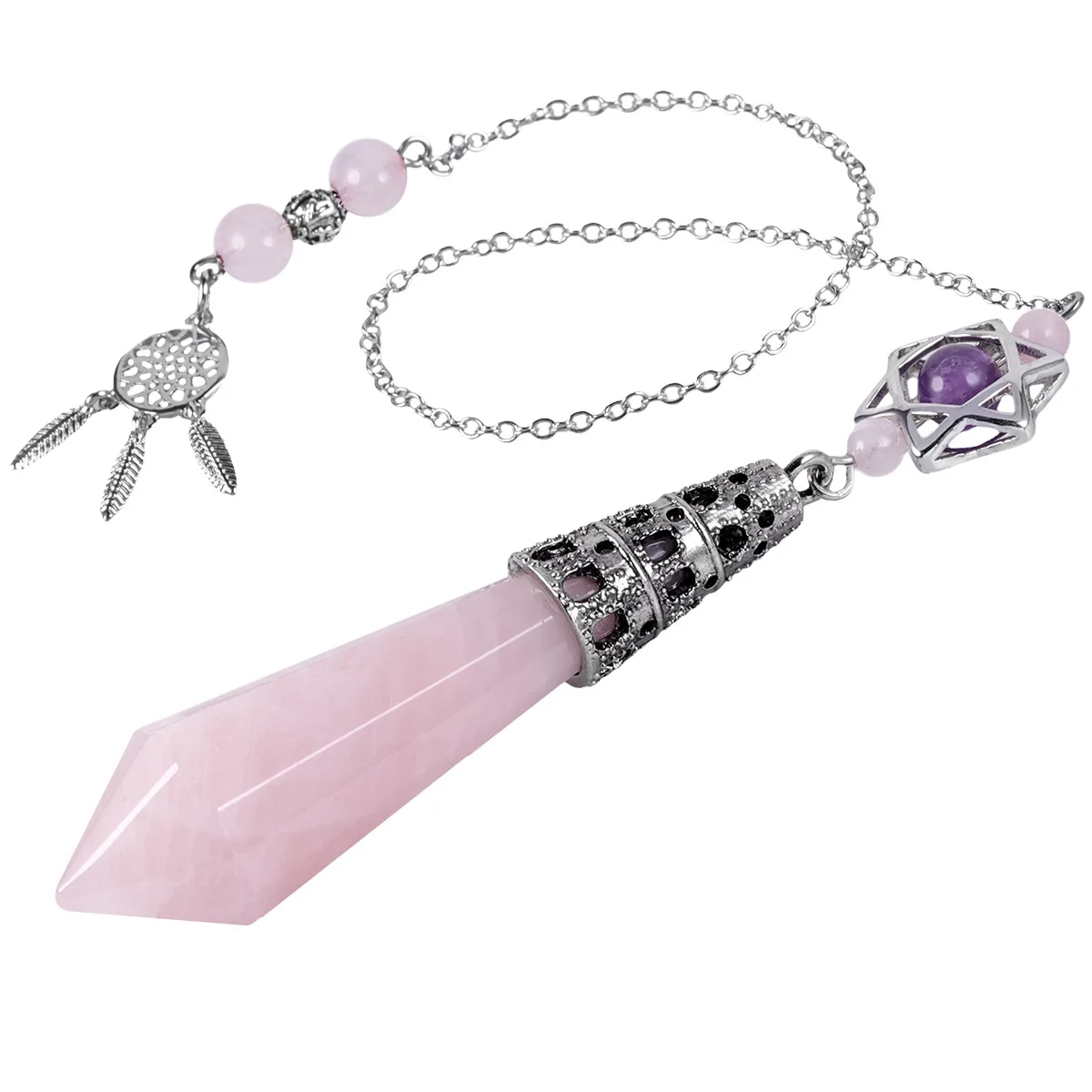 Natural Crystal Hexagonal Column Stone Dowsing Reiki Energy Pendant Pendulum Catcher Dream Star Charm Bead Chain Pendulo Jewelry