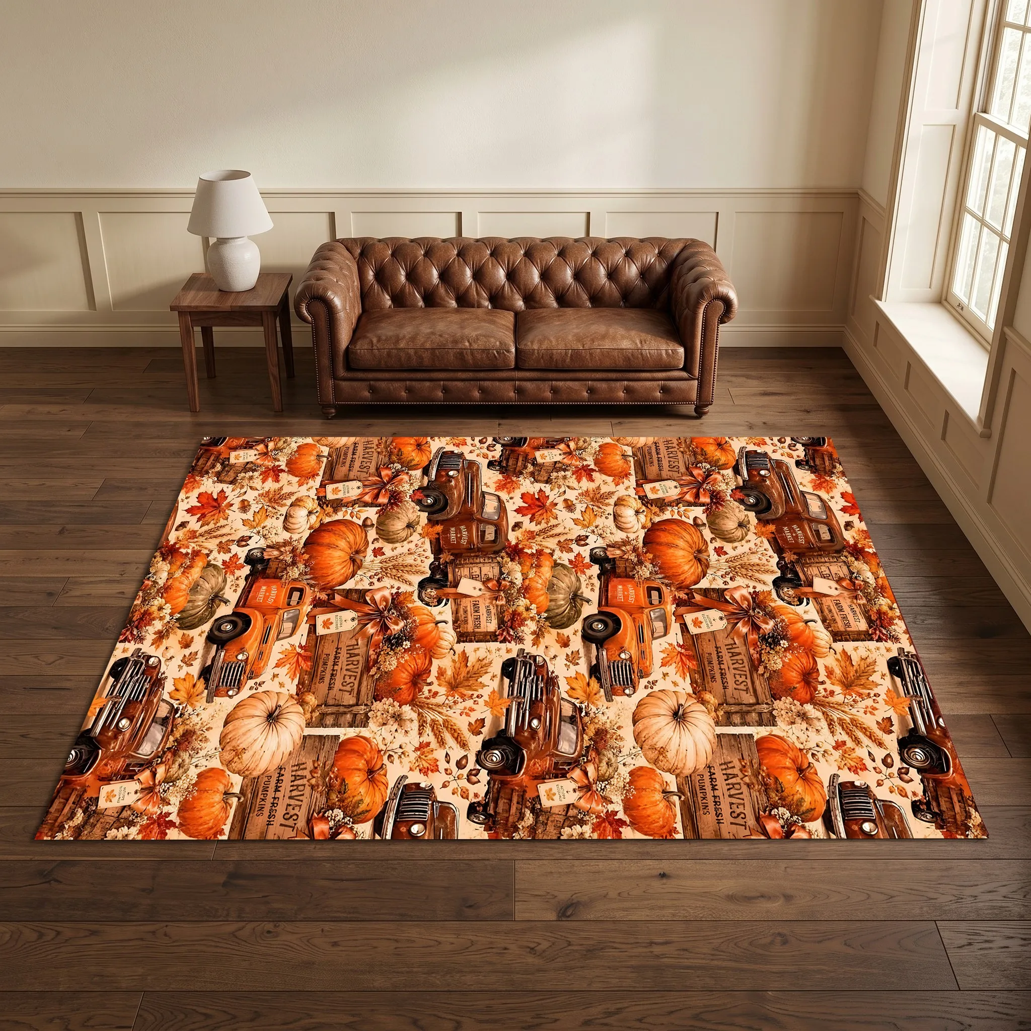 Pumpkin and Maple Leaf Vintage Truck Print American Retro Thanksgiving Velvet Rug for Living Room, Entryway, and Bedroom