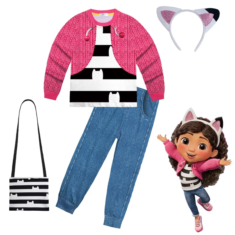 Детский костюм Gabby Dolhouse, пижамный комплект, футболка с длинными рукавами и штаны для девочек Gabby Cat, комплект с повязкой на голову, детские ночные рубашки на Хэллоуин