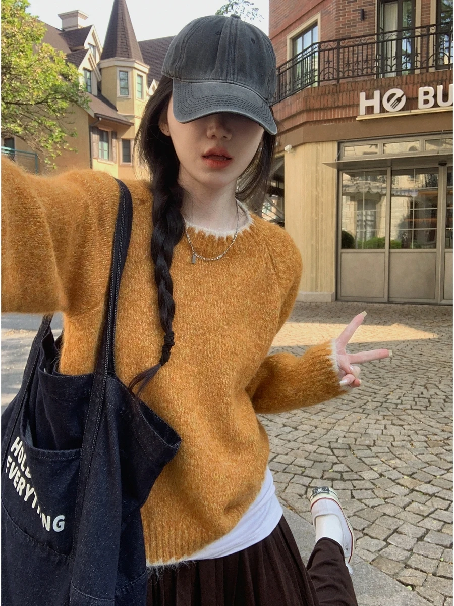 

Корейский стиль: Утепленный, мягкий и уютный женский свитер, весна 2026, новинка, универсальный, стройнящий, с круглым вырезом, свободный вязаный топ